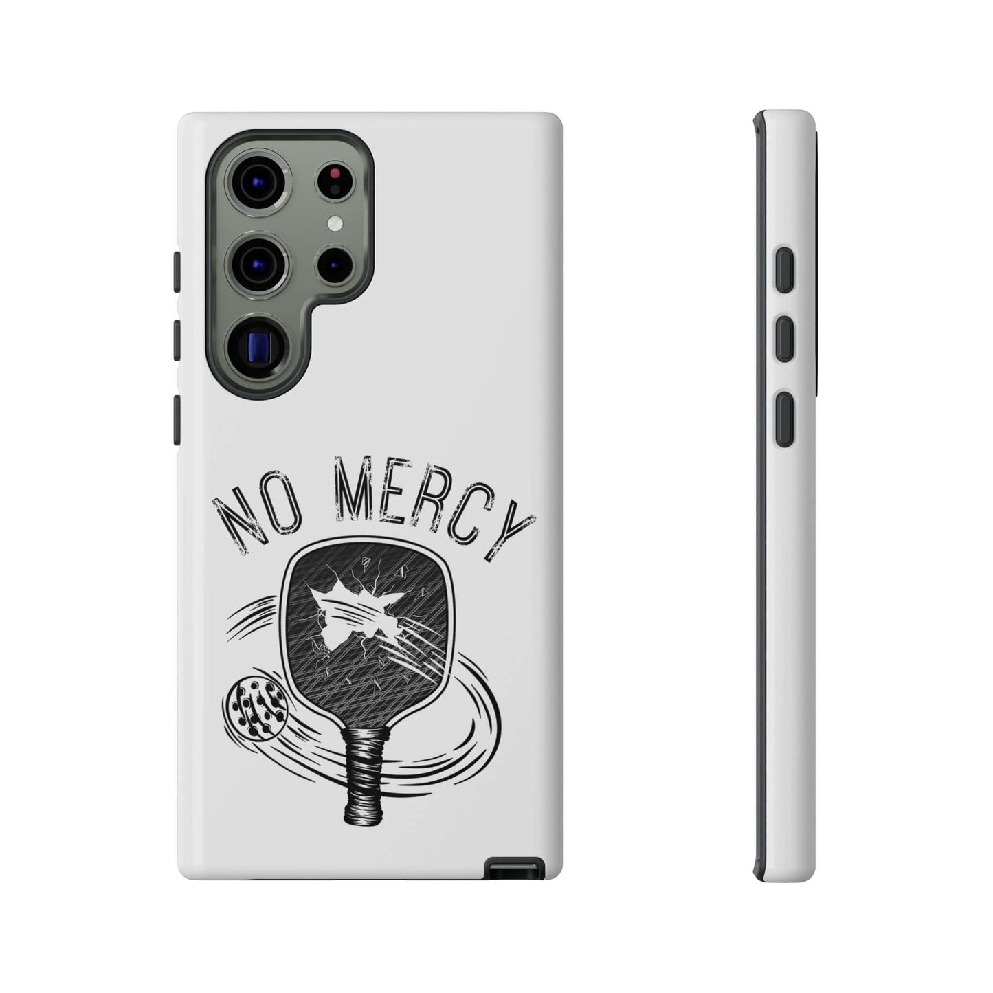 Samsung Galaxy phone case with "No Mercy" pickleball paddle design, dual-layer protection, by RND Power Solutions.