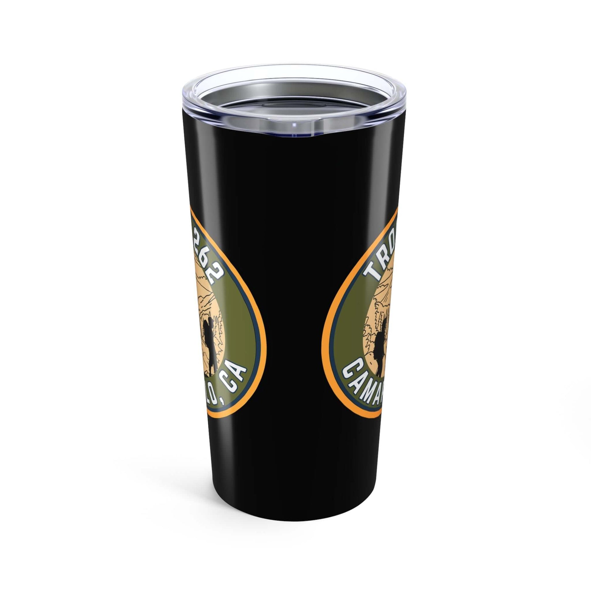 Black 20oz tumbler with unique design and double-wall insulation for hot or cold beverages.