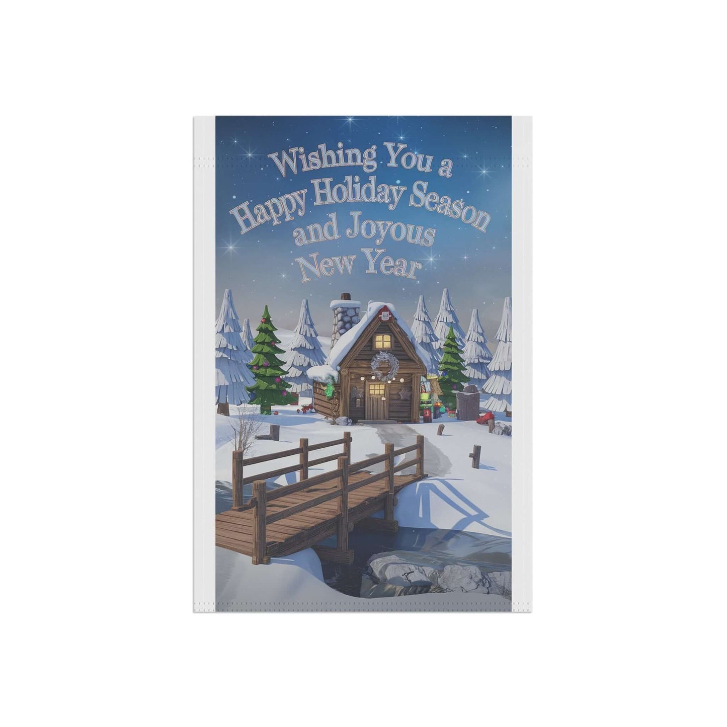 Festive garden banner with snowy cabin, wooden bridge, and trees, wishing a happy holiday season and joyous new year.