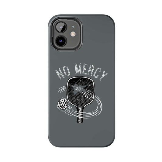 Turquoise No Mercy Pickleball phone case for iPhone with pickleball paddle design, tough dual-layer protection.