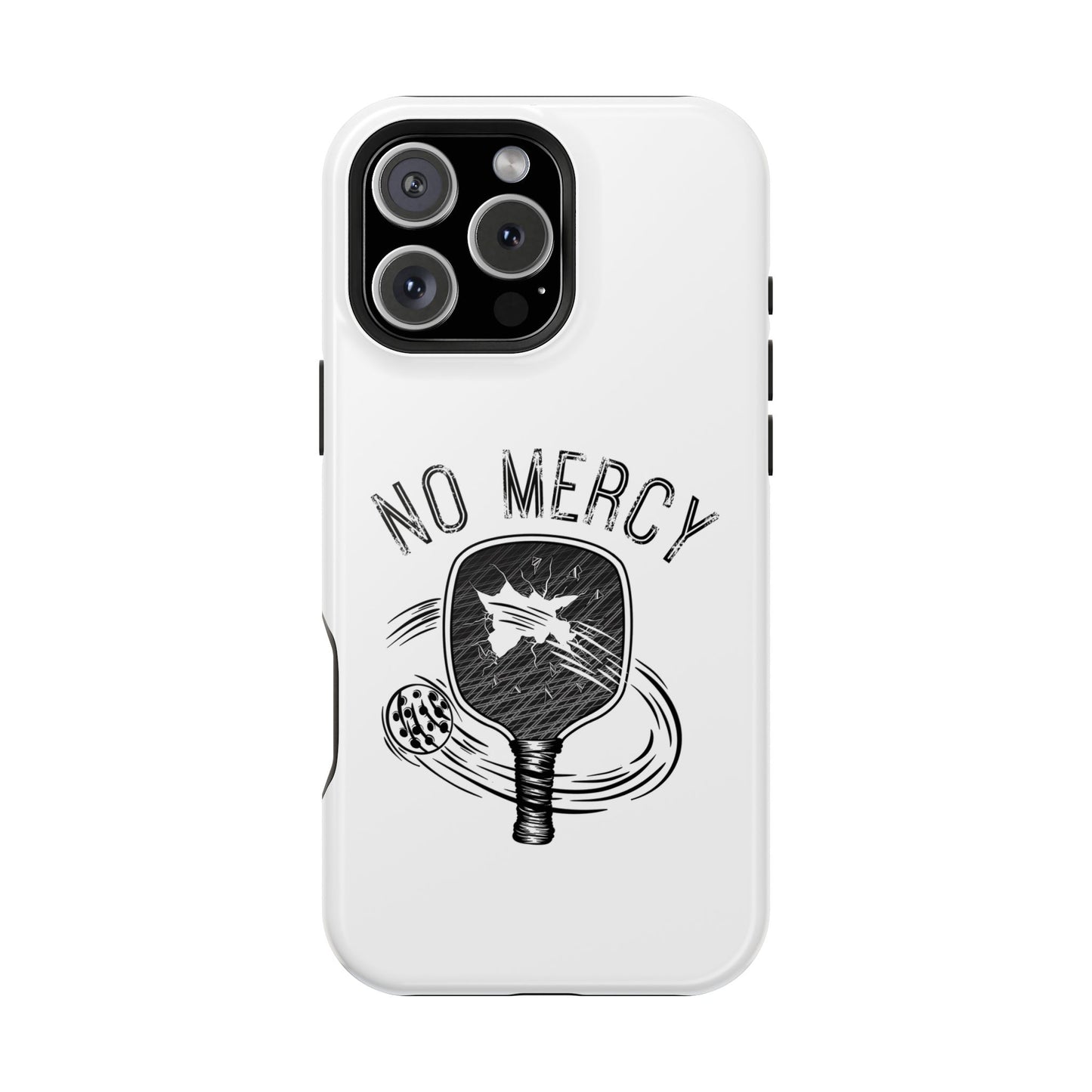 front of "No Mercy" Pickleball Series - MagSafe Tough Dual-Layer Phone Case for Apple iPhone 16 Plus (White)