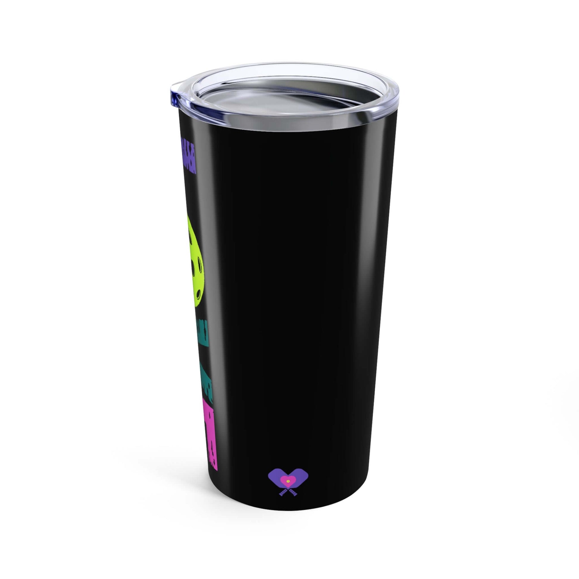 LOVE Pickleball Tumbler 20oz in black, featuring colorful designs and a clear lid for hot or cold beverages.