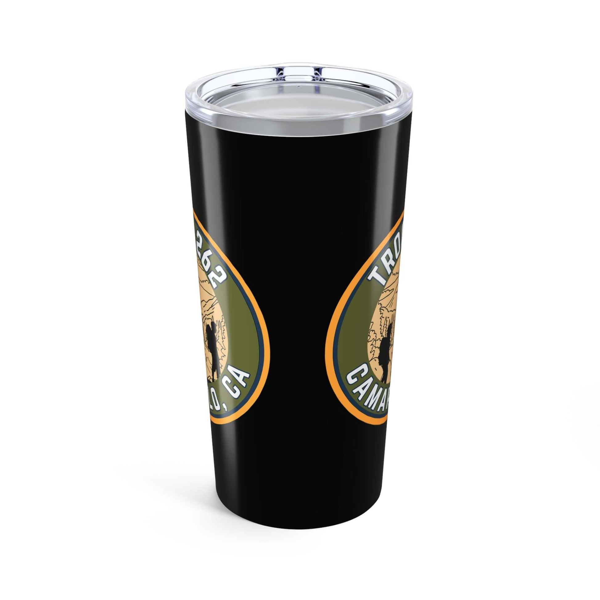 20oz vacuum insulated tumbler in black with unique graphic design, perfect for keeping drinks hot or cold.