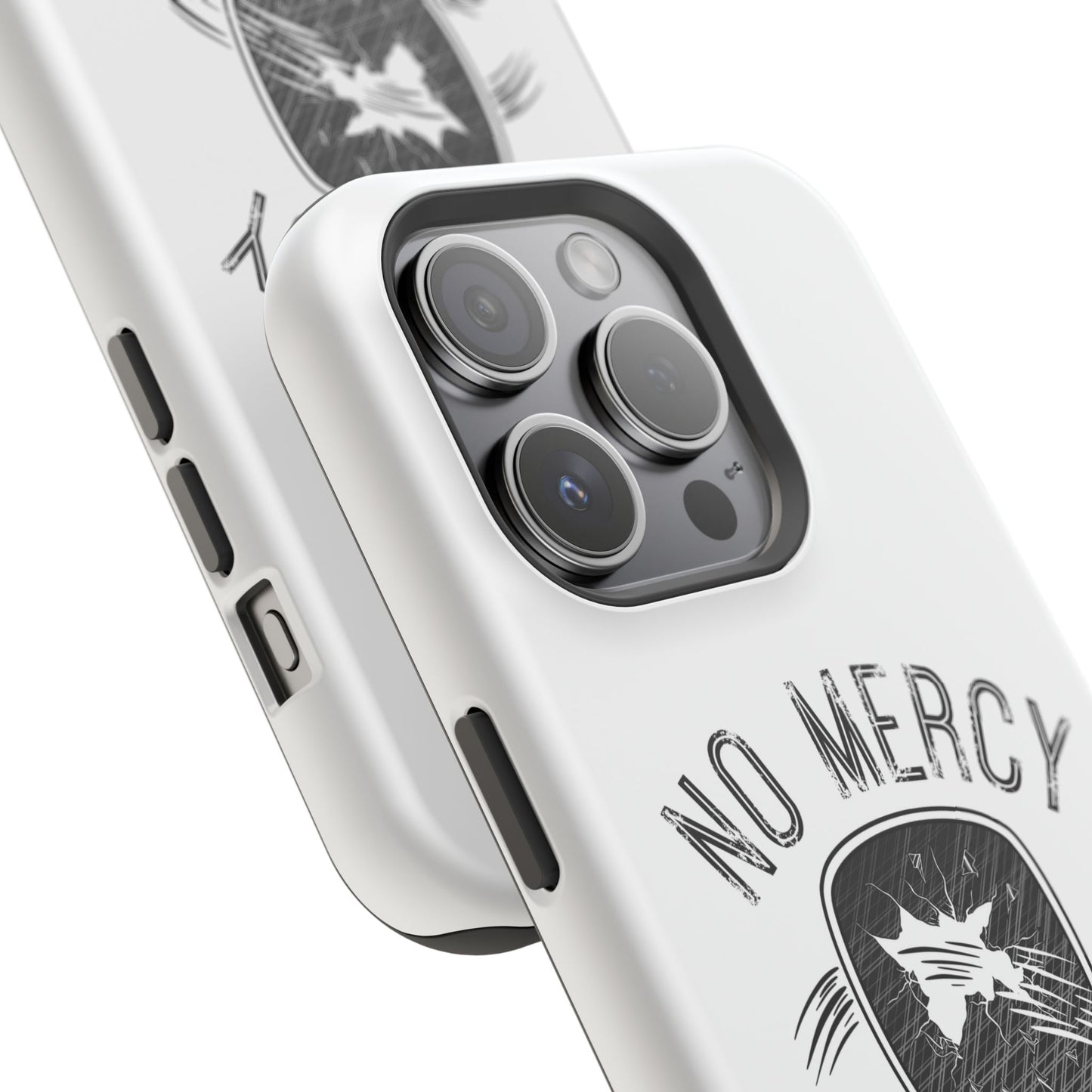 close up of "No Mercy" Pickleball Series - MagSafe Tough Dual-Layer Phone Case for Apple iPhone 15 (White)