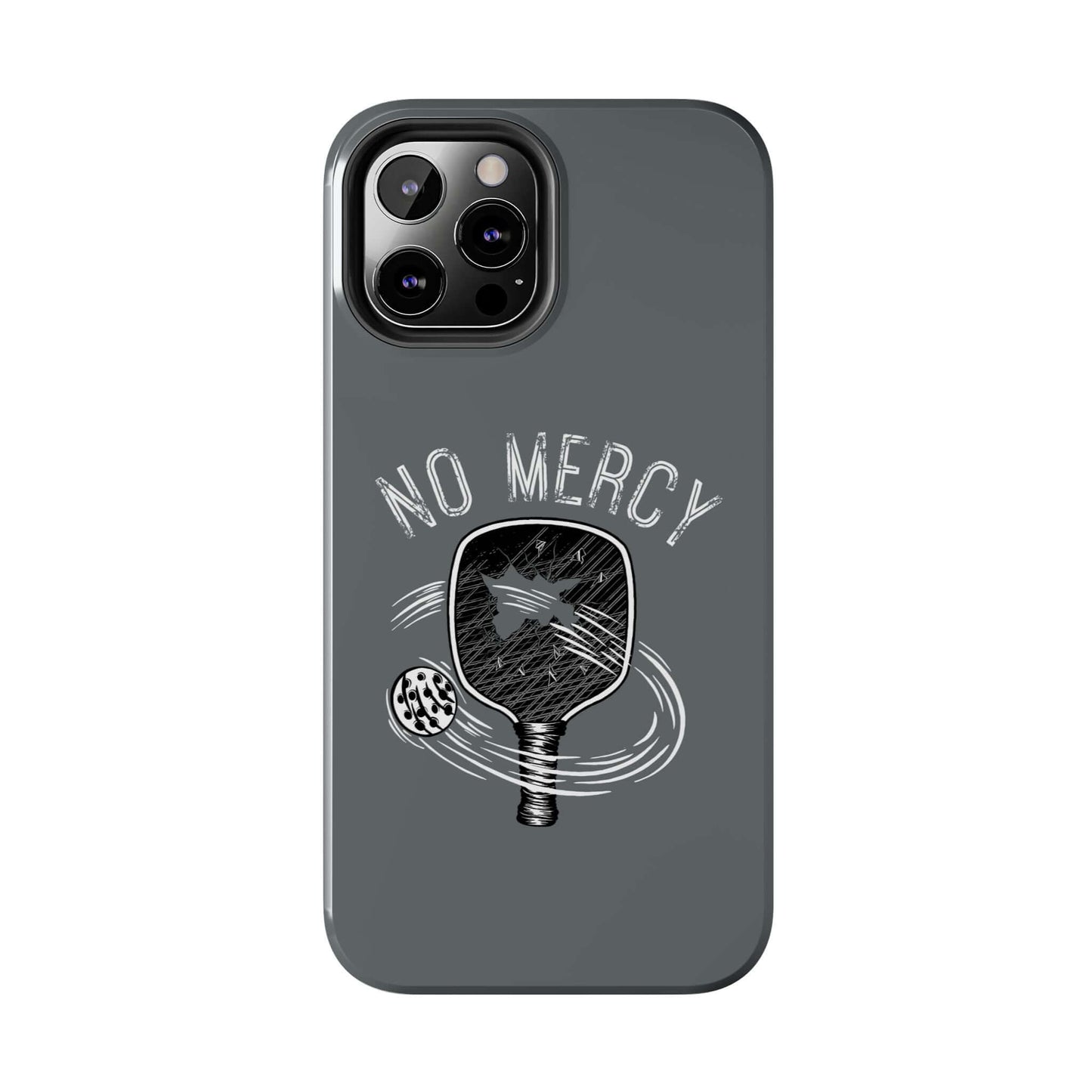 Turquoise No Mercy Pickleball phone case for iPhone with paddle design, featuring durable dual-layer protection.