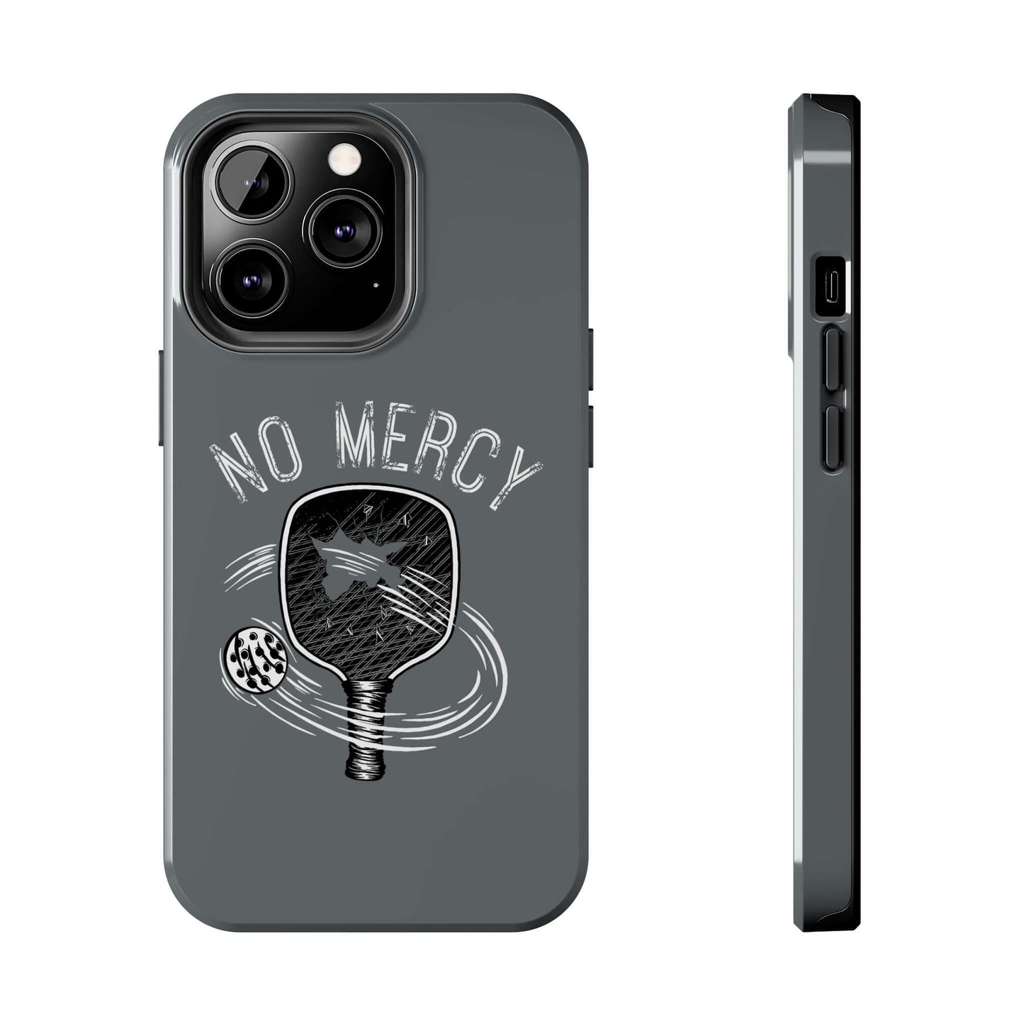 Turquoise glossy iPhone case featuring pickleball paddle design with "No Mercy" text, dual-layer protection by RND Power Solutions.