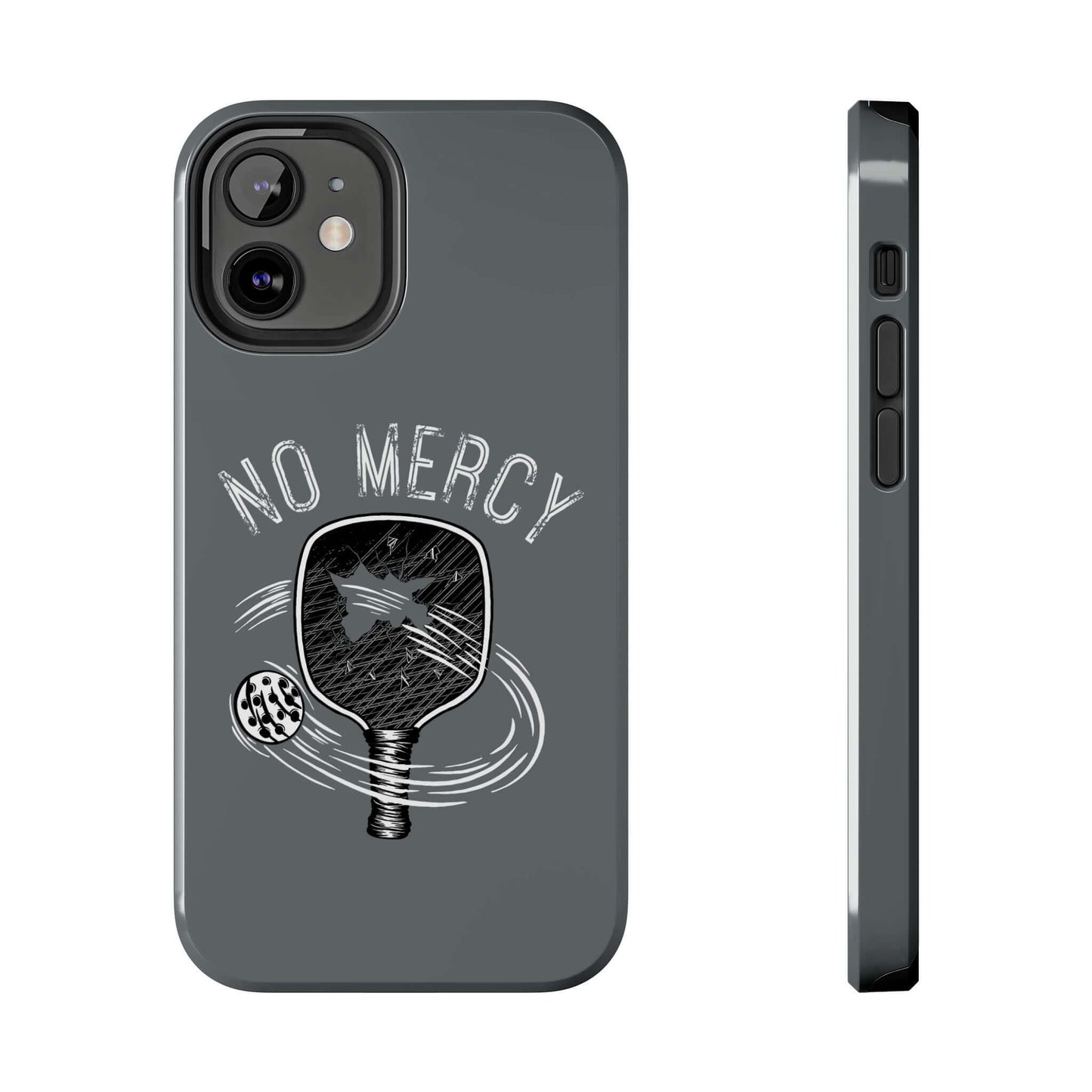 Turquoise "No Mercy" pickleball phone case for Apple iPhone with dual-layer protection and glossy finish.