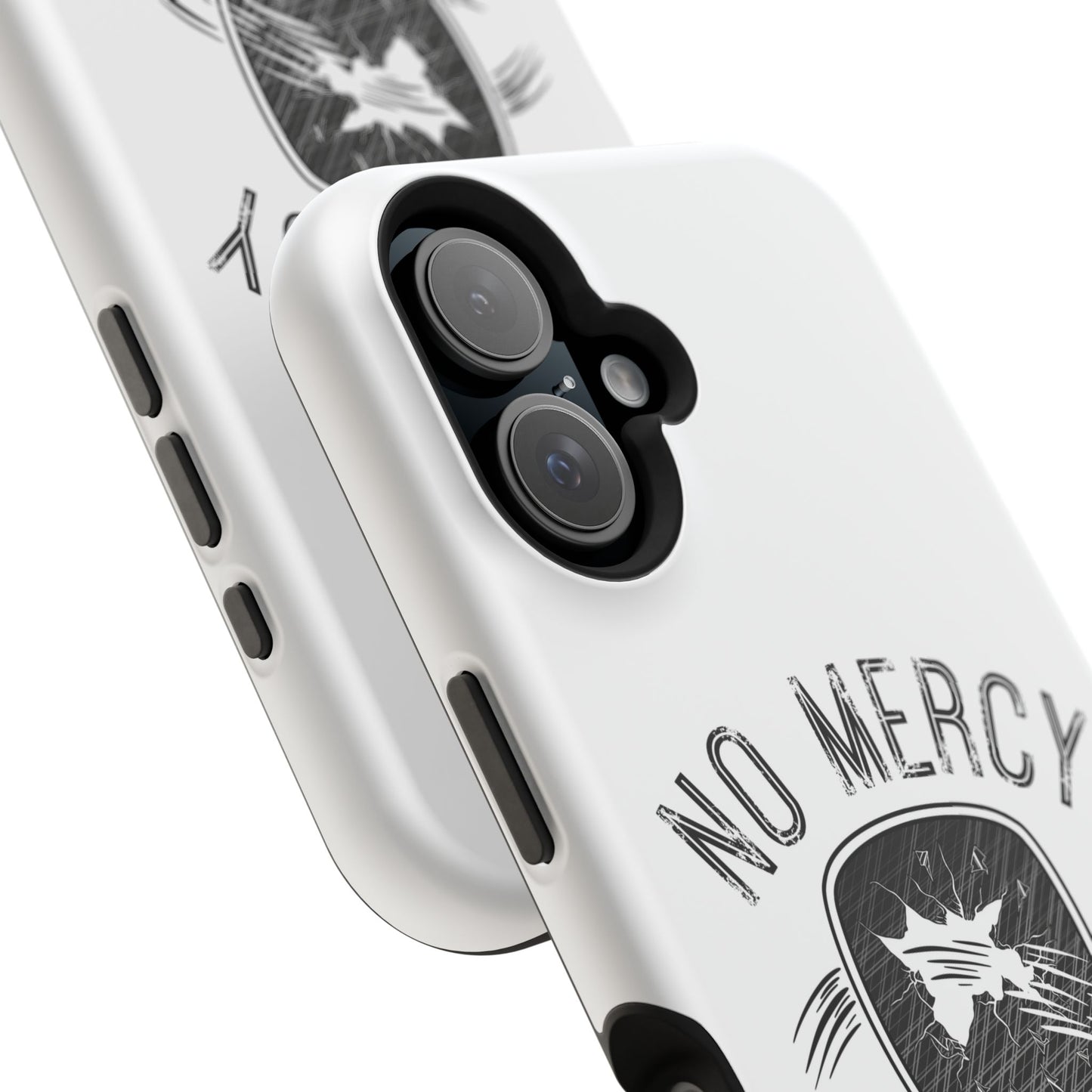 close up of "No Mercy" Pickleball Series - MagSafe Tough Dual-Layer Phone Case for Apple iPhone 13 (White)