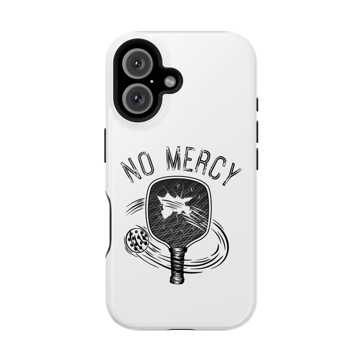 back of "No Mercy" Pickleball Series - MagSafe Tough Dual-Layer Phone Case for Apple iPhone 14 (White)