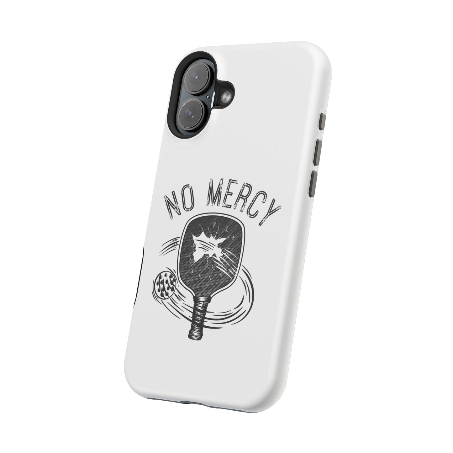 back angle of "No Mercy" Pickleball Series - MagSafe Tough Dual-Layer Phone Case for Apple iPhone 13 mini (White)