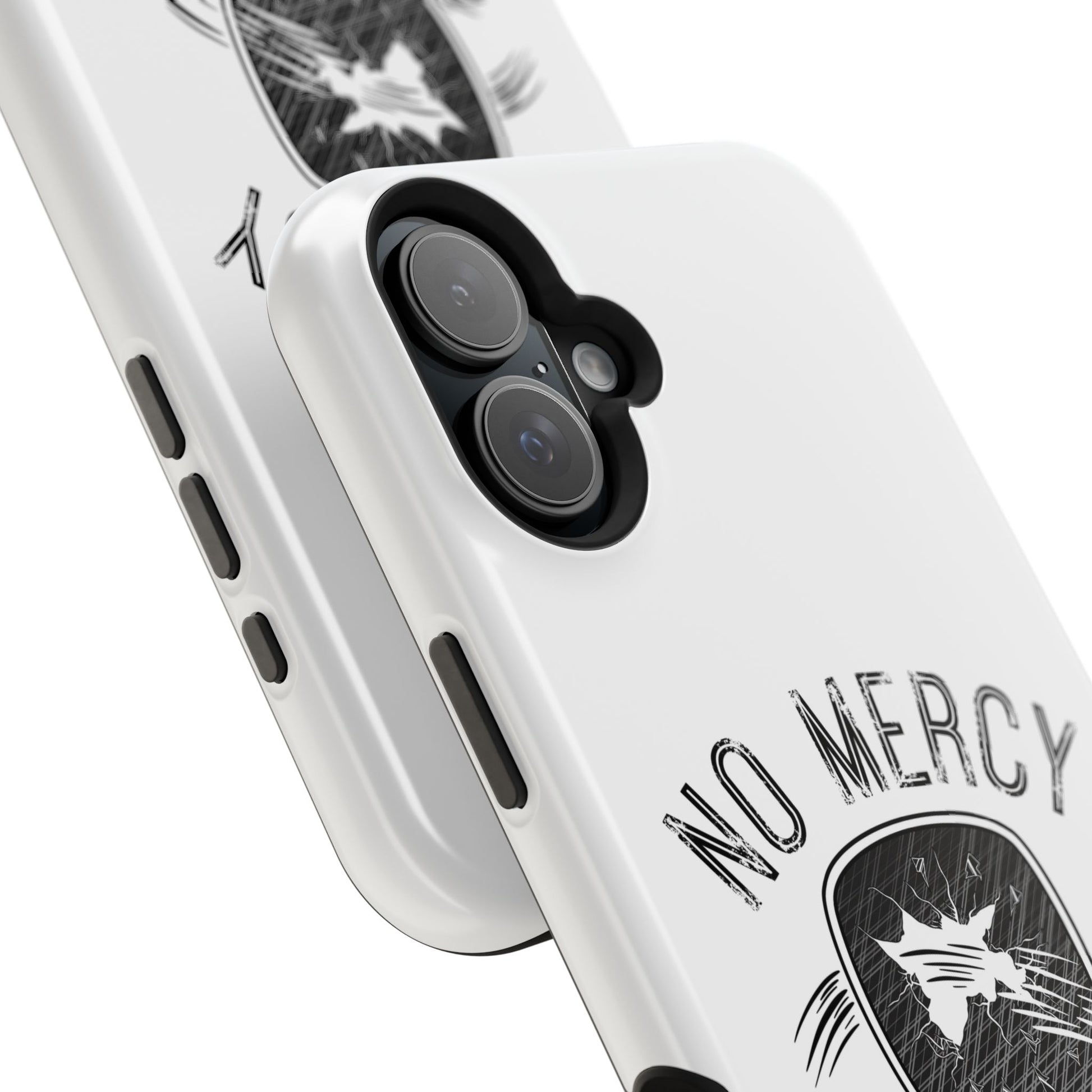 close up of "No Mercy" Pickleball Series - MagSafe Tough Dual-Layer Phone Case for Apple iPhone 13 mini (White)