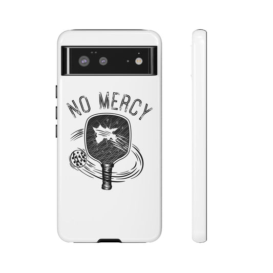 back and left side of "No Mercy" Pickleball Series Tough Phone Case for Google Pixel 8 Pro (white)