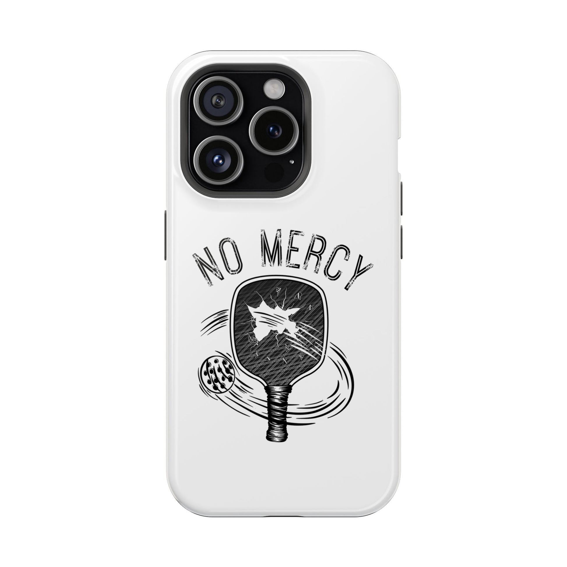 back of "No Mercy" Pickleball Series - MagSafe Tough Dual-Layer Phone Case for Apple iPhone 16 Plus (White)