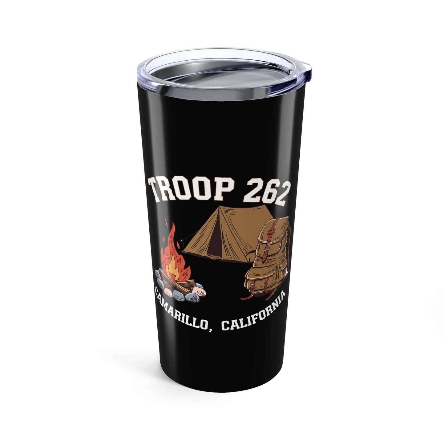 Black 20oz tumbler featuring Troop 262 logo, campfire, and tent design, perfect for hot or cold beverages.