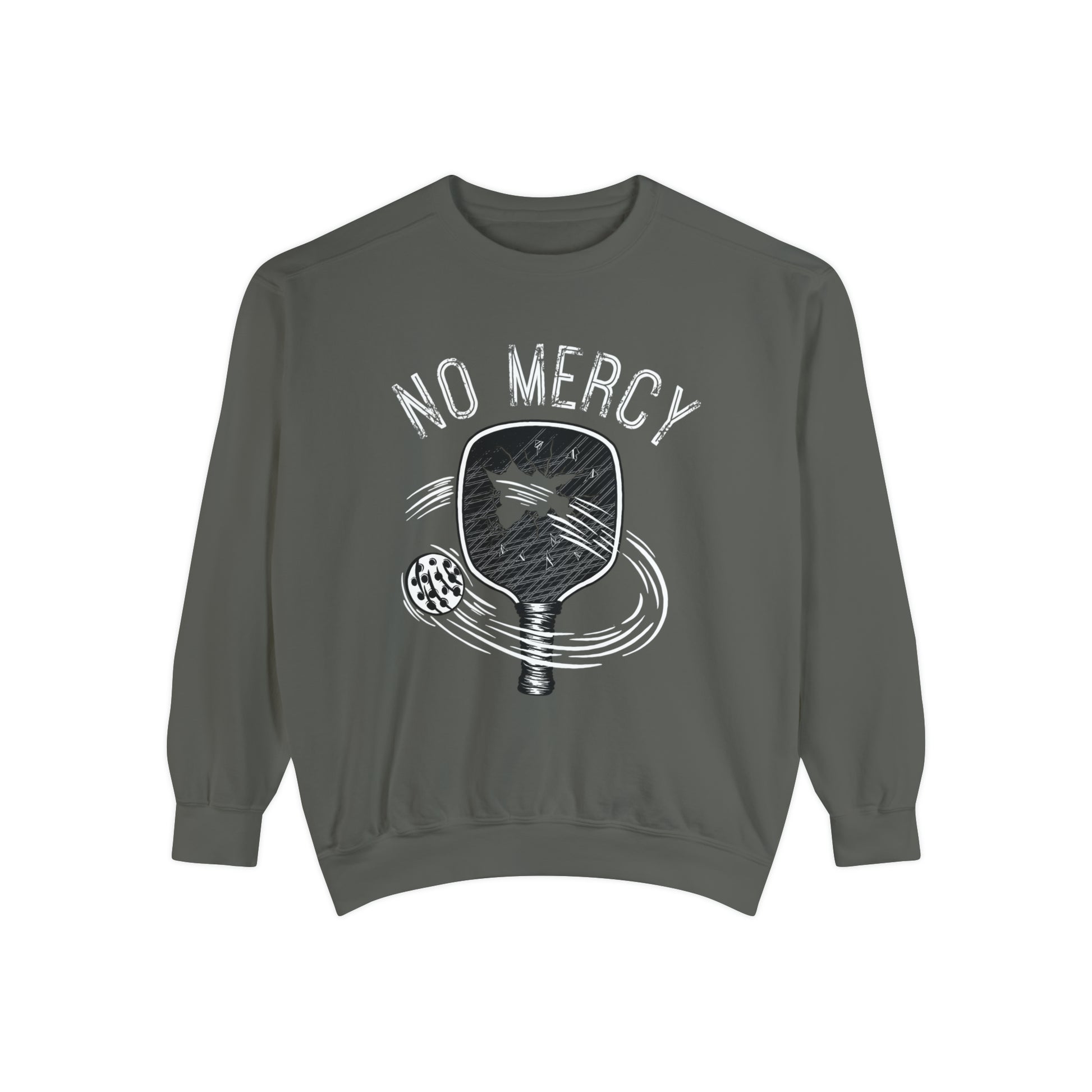 front of No Mercy Pickleball Series - Unisex Garment-Dyed Sweatshirt (pepper)