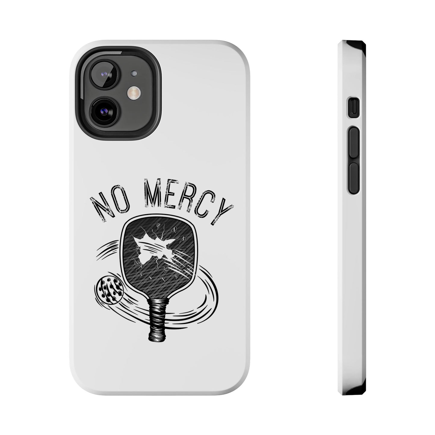 back and left side of "No Mercy" Pickleball Series - Tough Dual-Layer Phone Case for Apple iPhone 16 Pro (White)