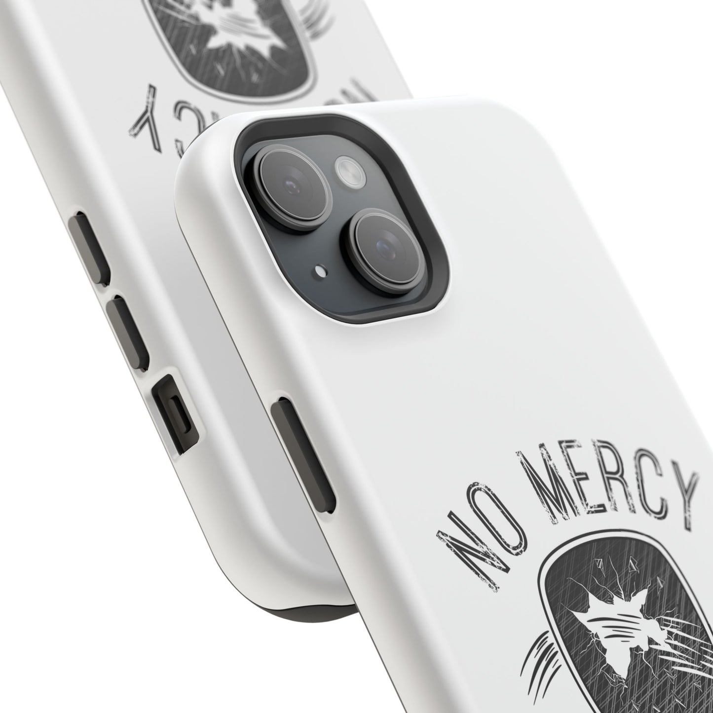 close up of "No Mercy" Pickleball Series - MagSafe Tough Dual-Layer Phone Case for Apple iPhone 15 plus (White)