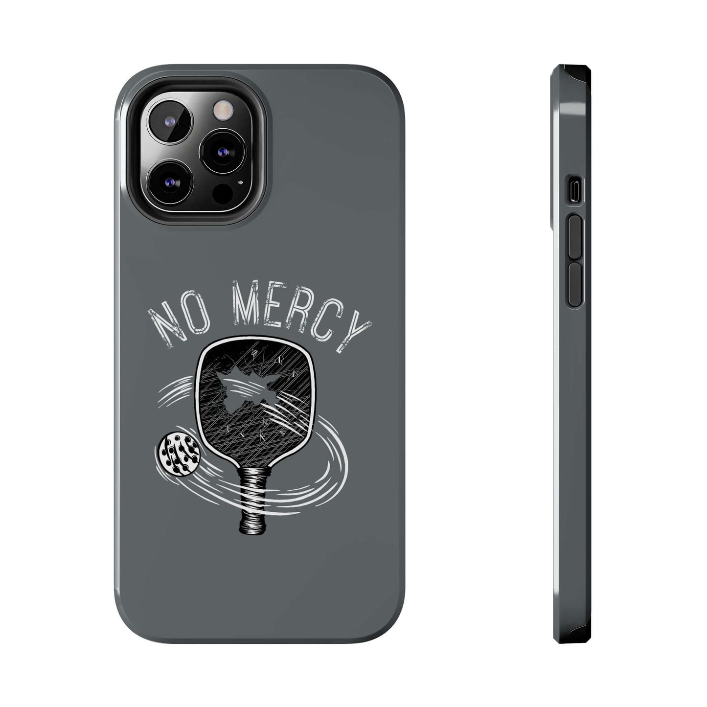 Turquoise iPhone case with "No Mercy" pickleball design, dual-layer protection, glossy finish by RND Power Solutions.