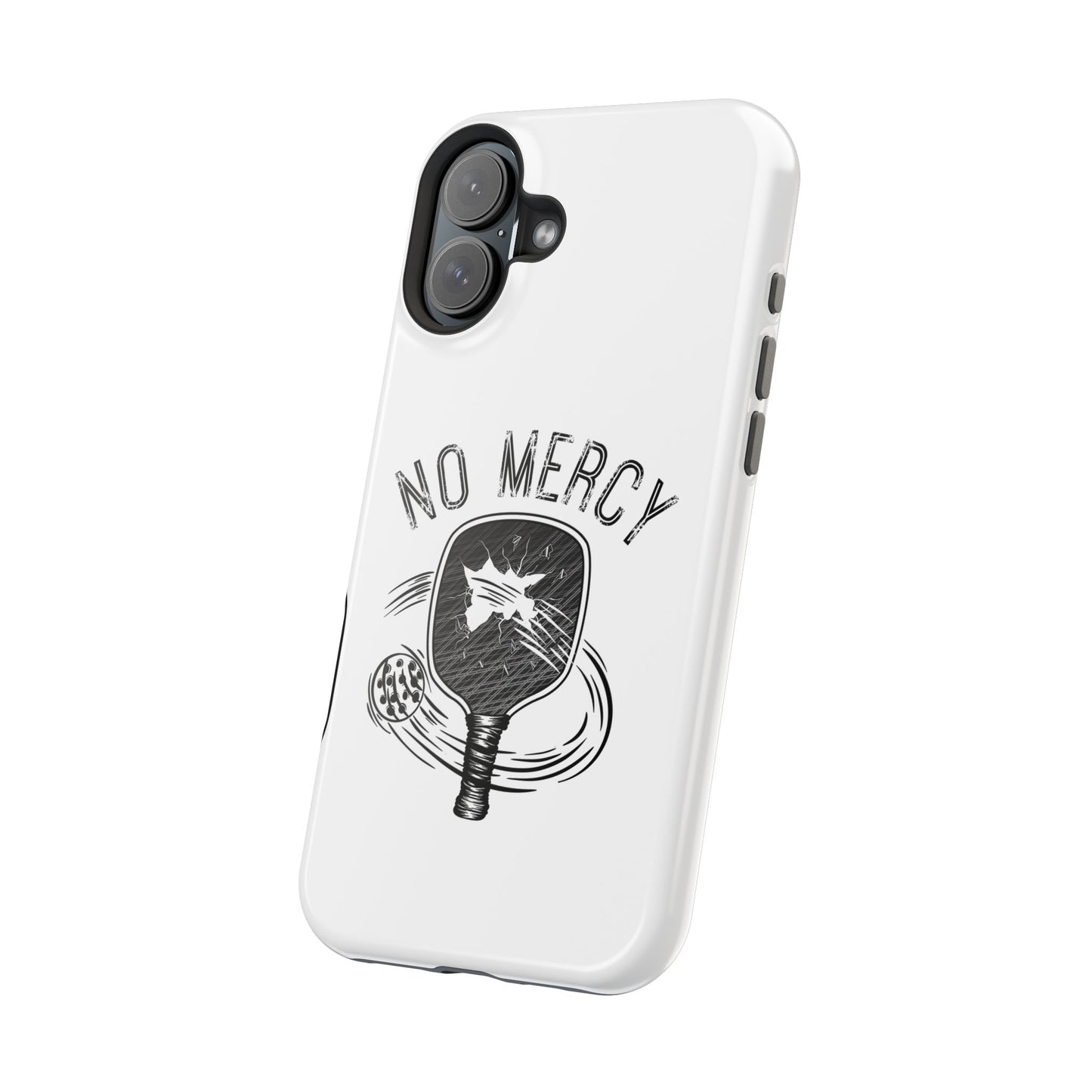 back angle of "No Mercy" Pickleball Series - MagSafe Tough Dual-Layer Phone Case for Apple iPhone 13 (White)