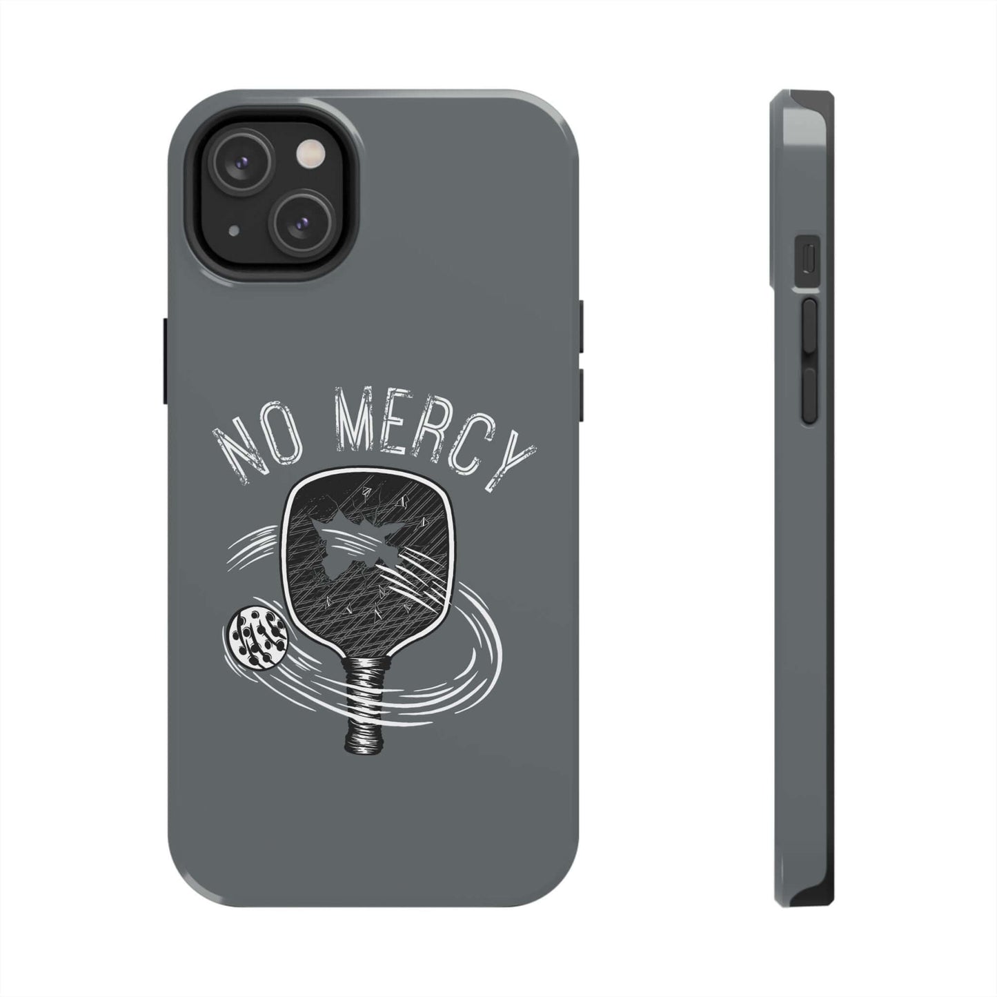 No Mercy Pickleball Series dual-layer iPhone case in turquoise with glossy finish by RND Power Solutions, featuring design of paddle and ball.