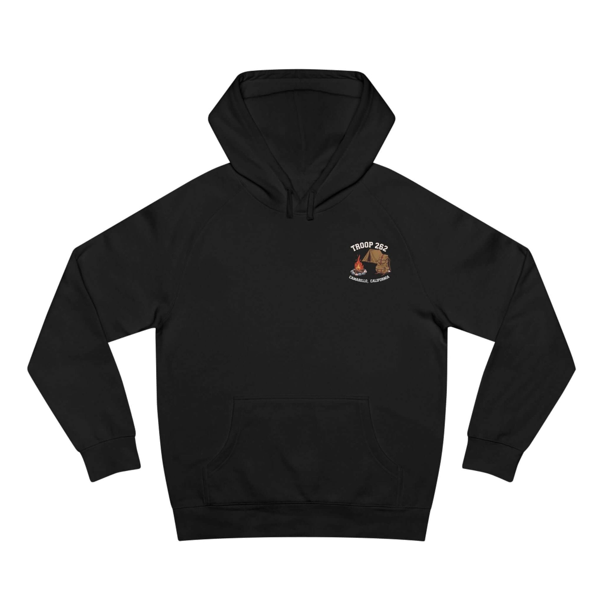 Adult Unisex Supply Hoodie in black featuring a camping design, perfect for outdoor adventures and comfort.