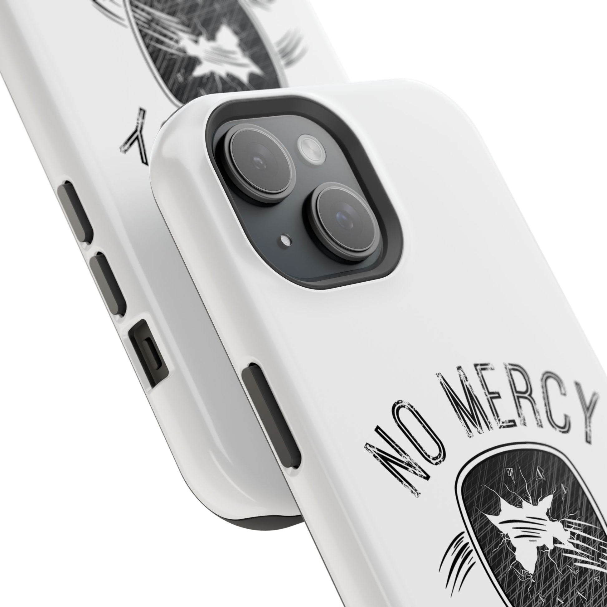 close up of "No Mercy" Pickleball Series - MagSafe Tough Dual-Layer Phone Case for Apple iPhone 16  pro (White)