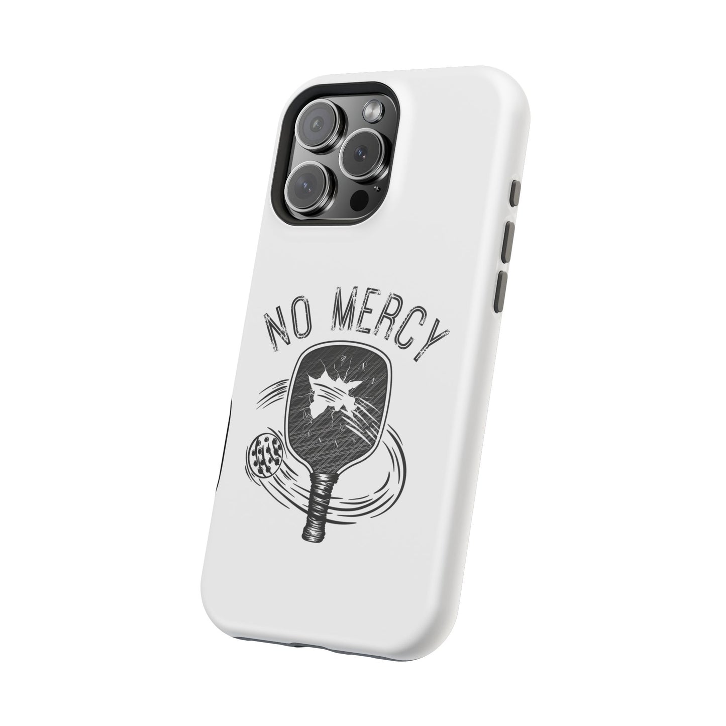 back angle of "No Mercy" Pickleball Series - MagSafe Tough Dual-Layer Phone Case for Apple iPhone 16 pro (White) -2