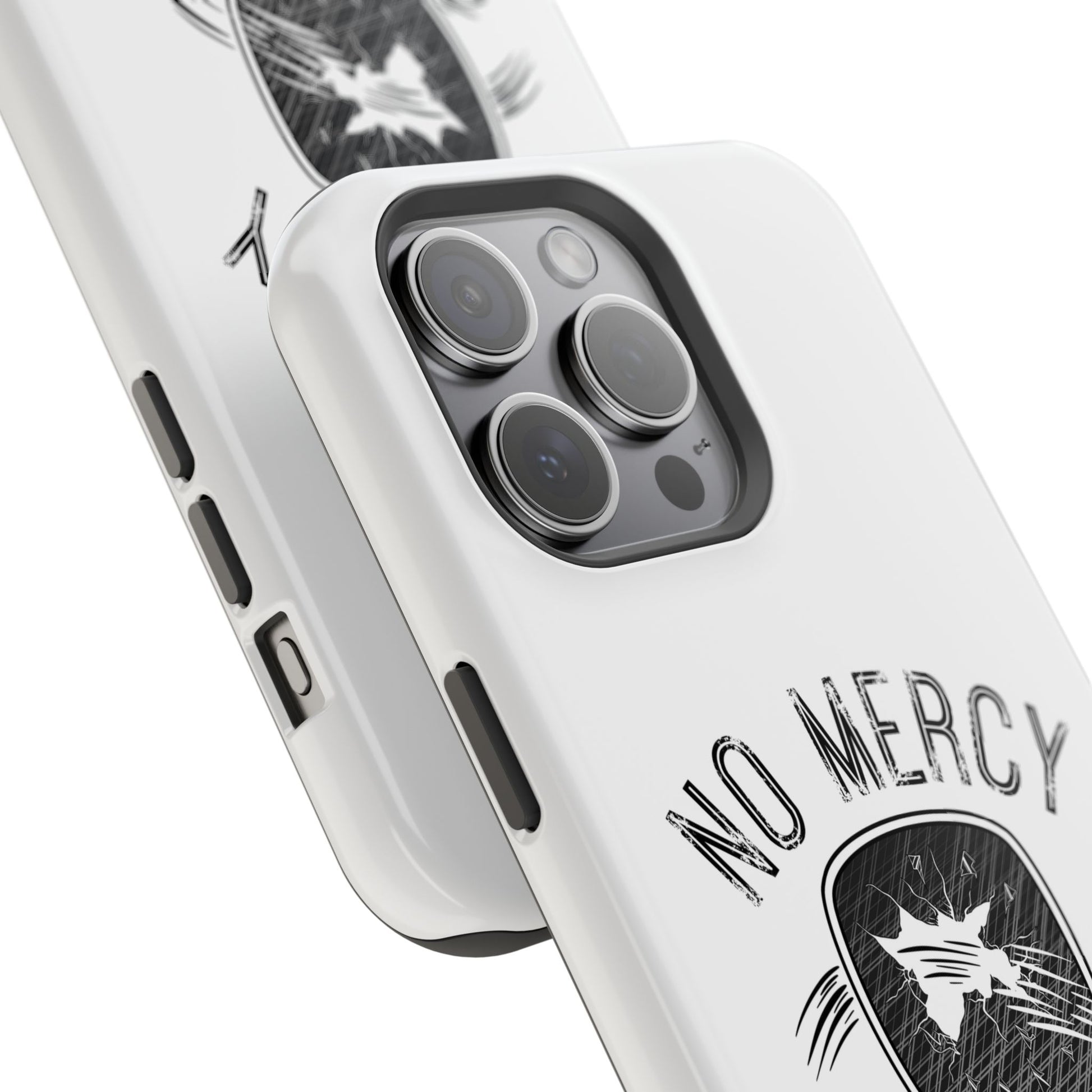 close up of "No Mercy" Pickleball Series - MagSafe Tough Dual-Layer Phone Case for Apple iPhone 15 pro max (White)