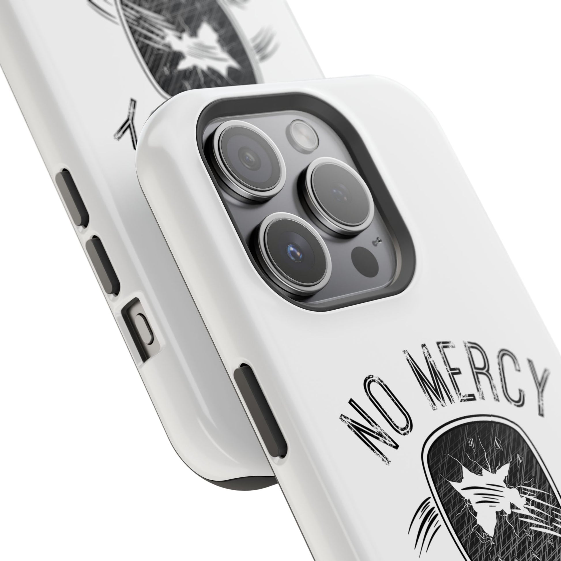 close up of "No Mercy" Pickleball Series - MagSafe Tough Dual-Layer Phone Case for Apple iPhone 16 pro max (White)