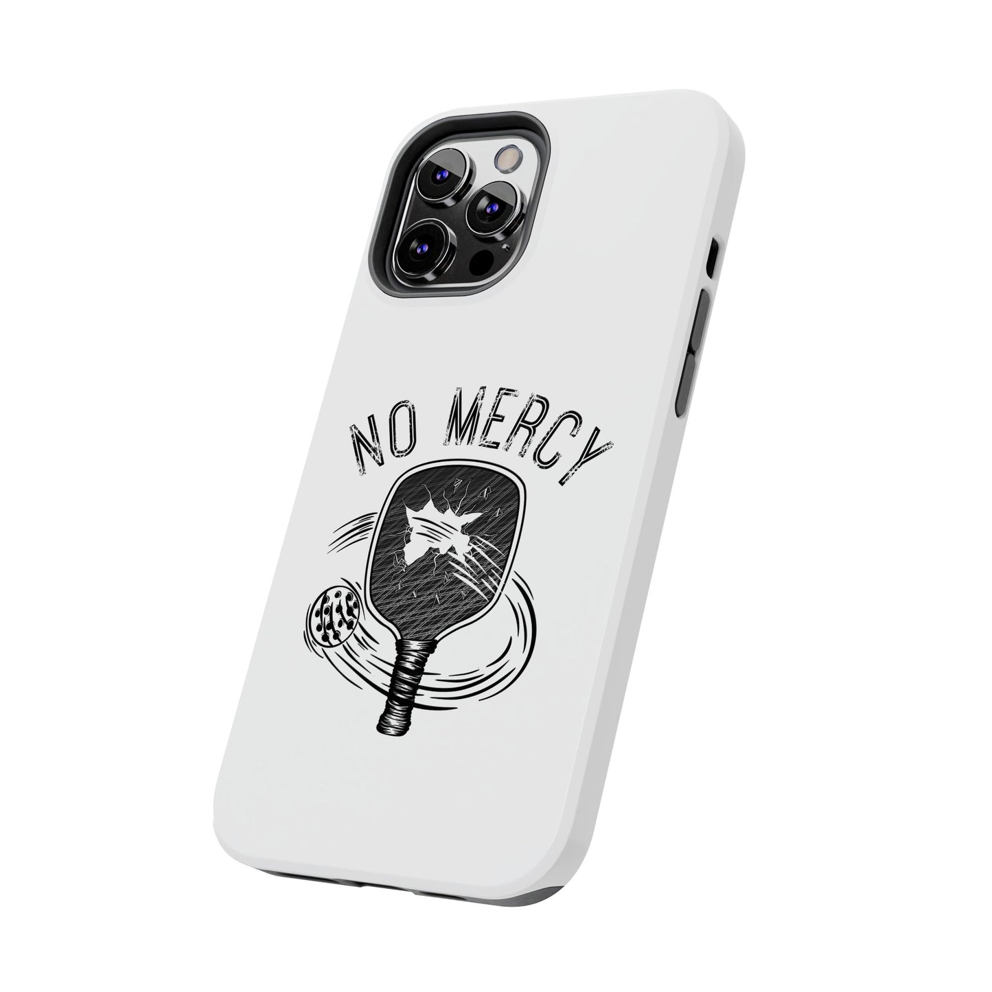 back angle of "No Mercy" Pickleball Series - Tough Dual-Layer Phone Case for Apple iPhone 15 (White)