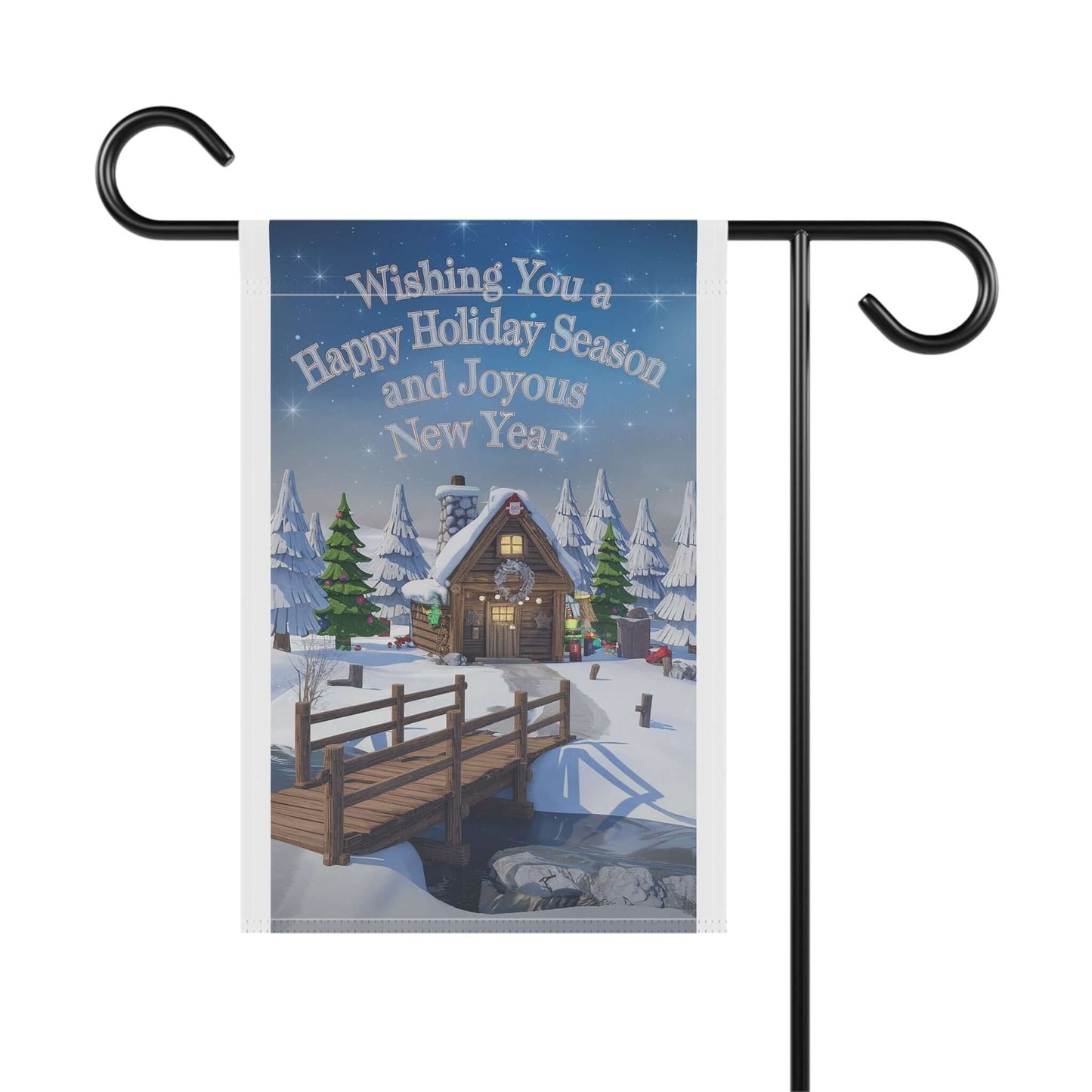 Festive garden and house banner with a cabin scene, wishing a Happy Holiday Season and Joyous New Year.