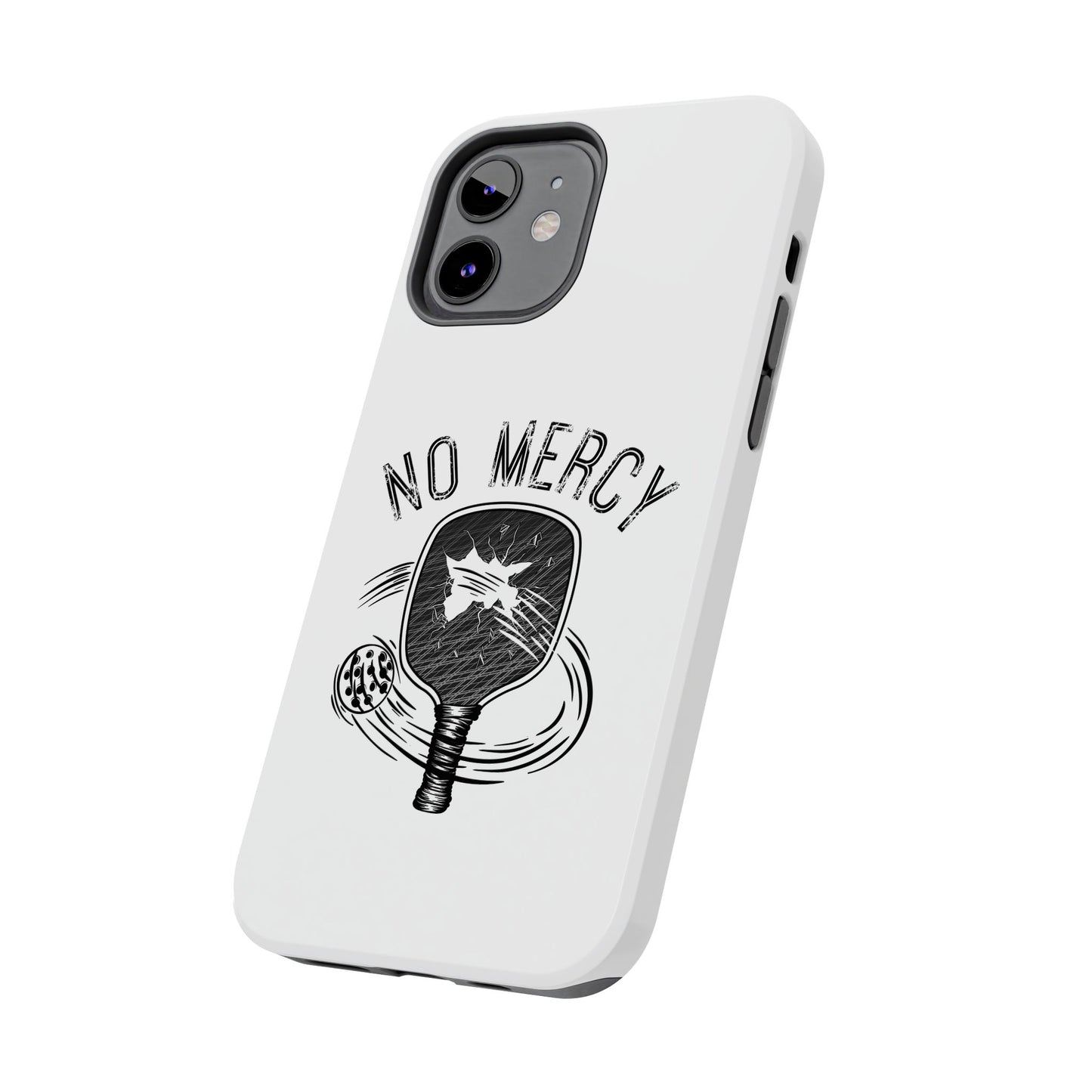 back angle side of "No Mercy" Pickleball Series - Tough Dual-Layer Phone Case for Apple iPhone 16 Pro (White)