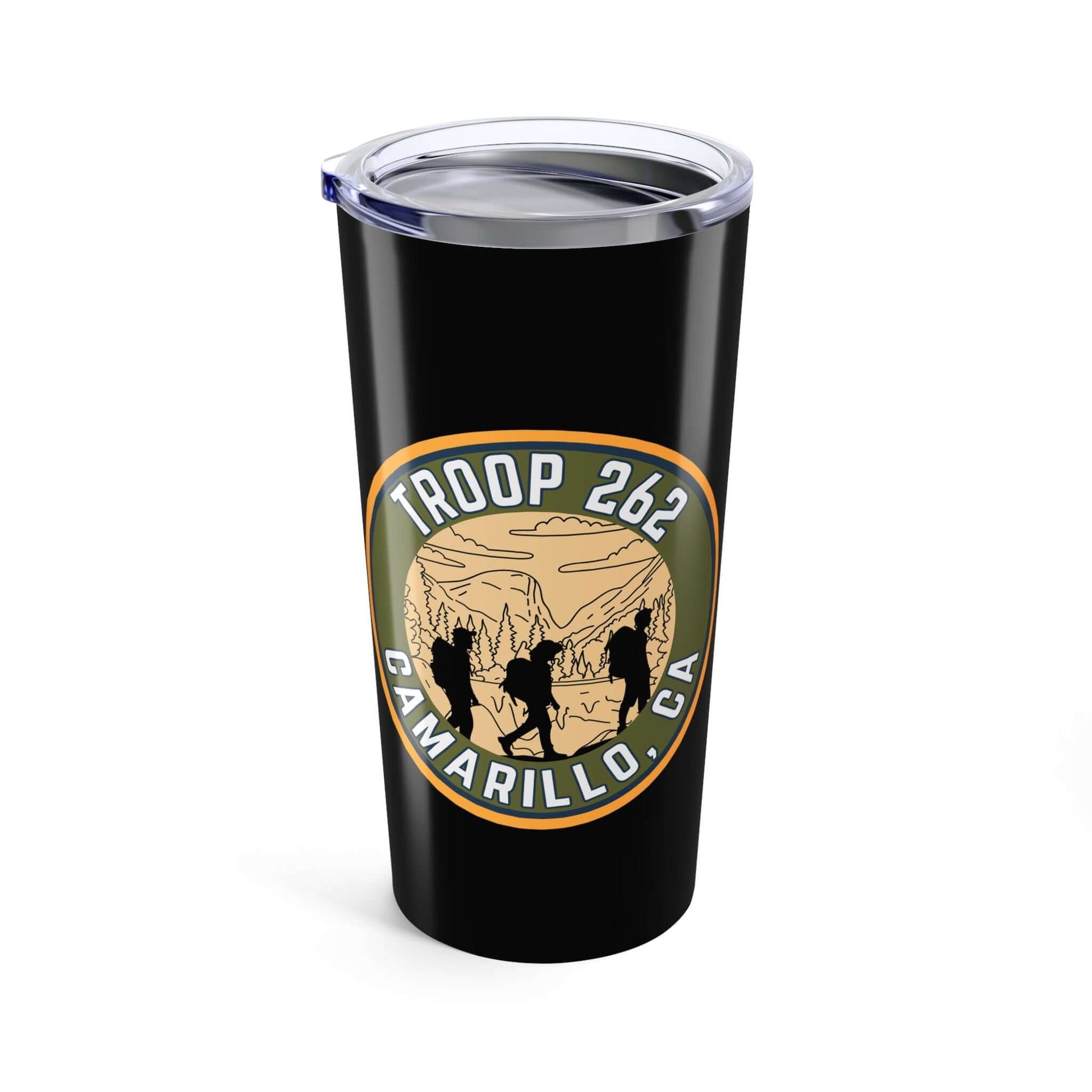 Black 20oz tumbler with Troop 262 Camarillo, CA logo, featuring double-wall insulation and a plastic lid.