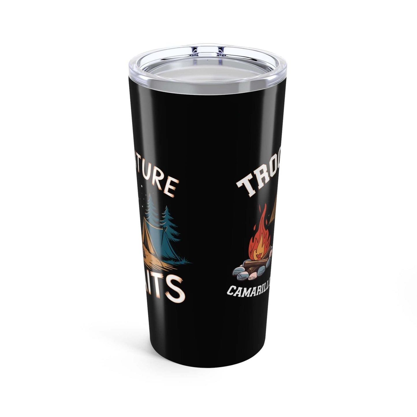 20oz tumbler featuring camping graphics with tent and campfire, double-wall insulated, stainless steel construction.