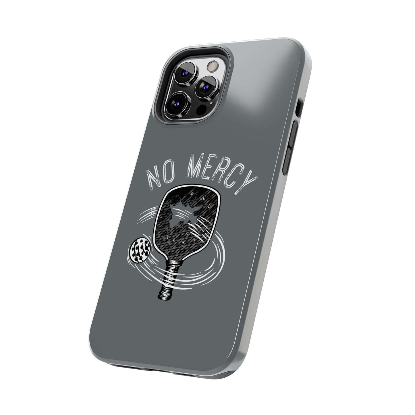 Turquoise glossy dual-layer iPhone case with "No Mercy" pickleball design by RND Power Solutions, offering superior protection.