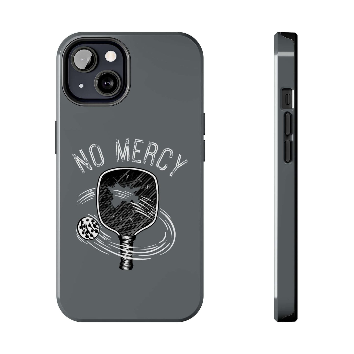 "No Mercy Pickleball Series dual-layer iPhone case in turquoise, featuring a glossy finish and durable design for optimal protection."