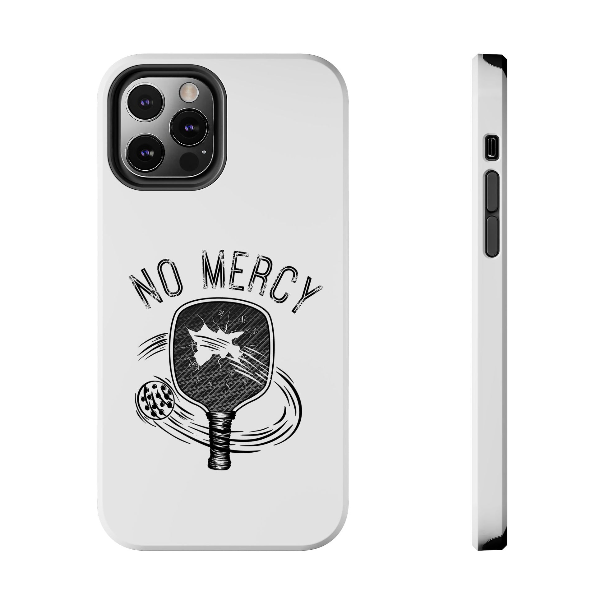 back and left side of "No Mercy" Pickleball Series - Tough Dual-Layer Phone Case for Apple iPhone 16 pro max (White)