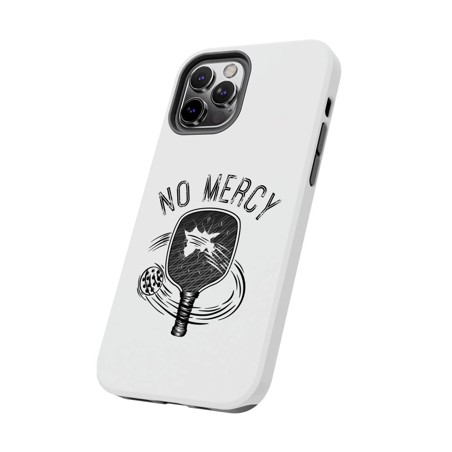 back angle side of "No Mercy" Pickleball Series - Tough Dual-Layer Phone Case for Apple iPhone 16 pro max (White)