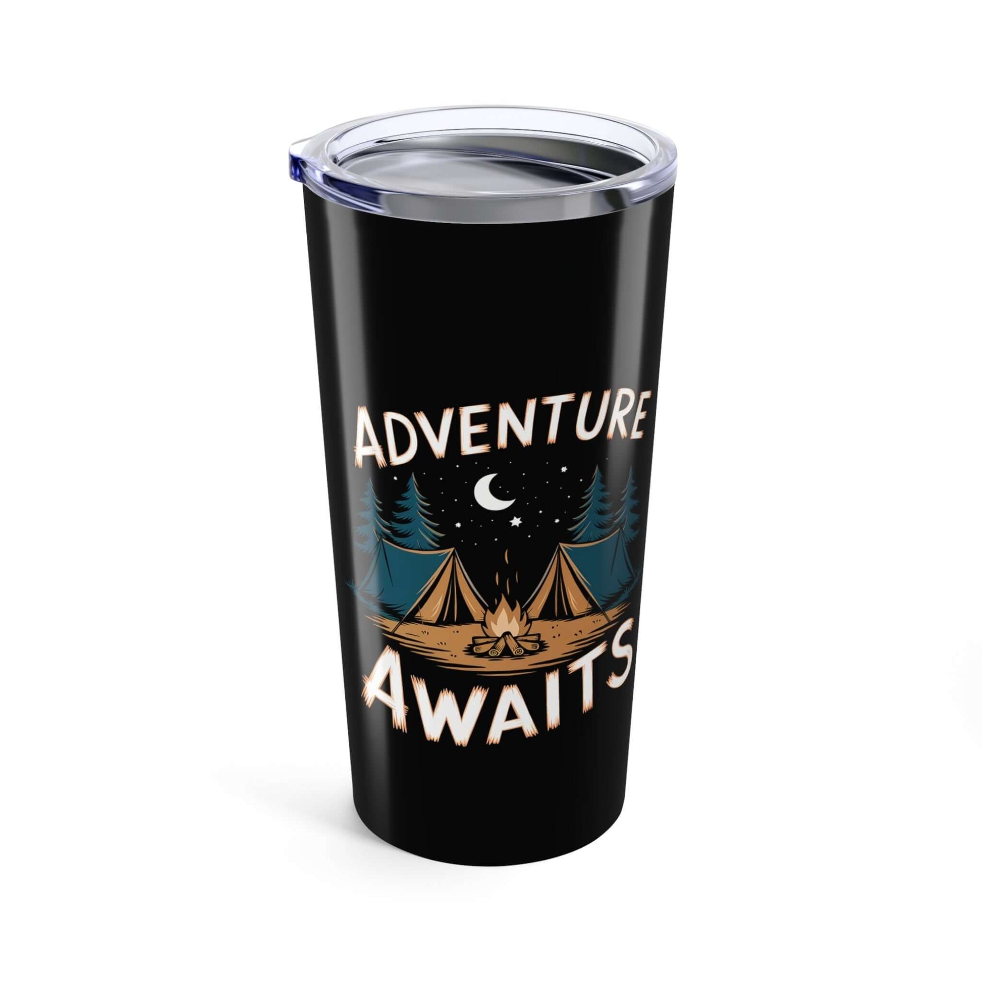 20oz adventure tumbler with camping design, double-wall insulation, stainless steel, dishwasher safe.