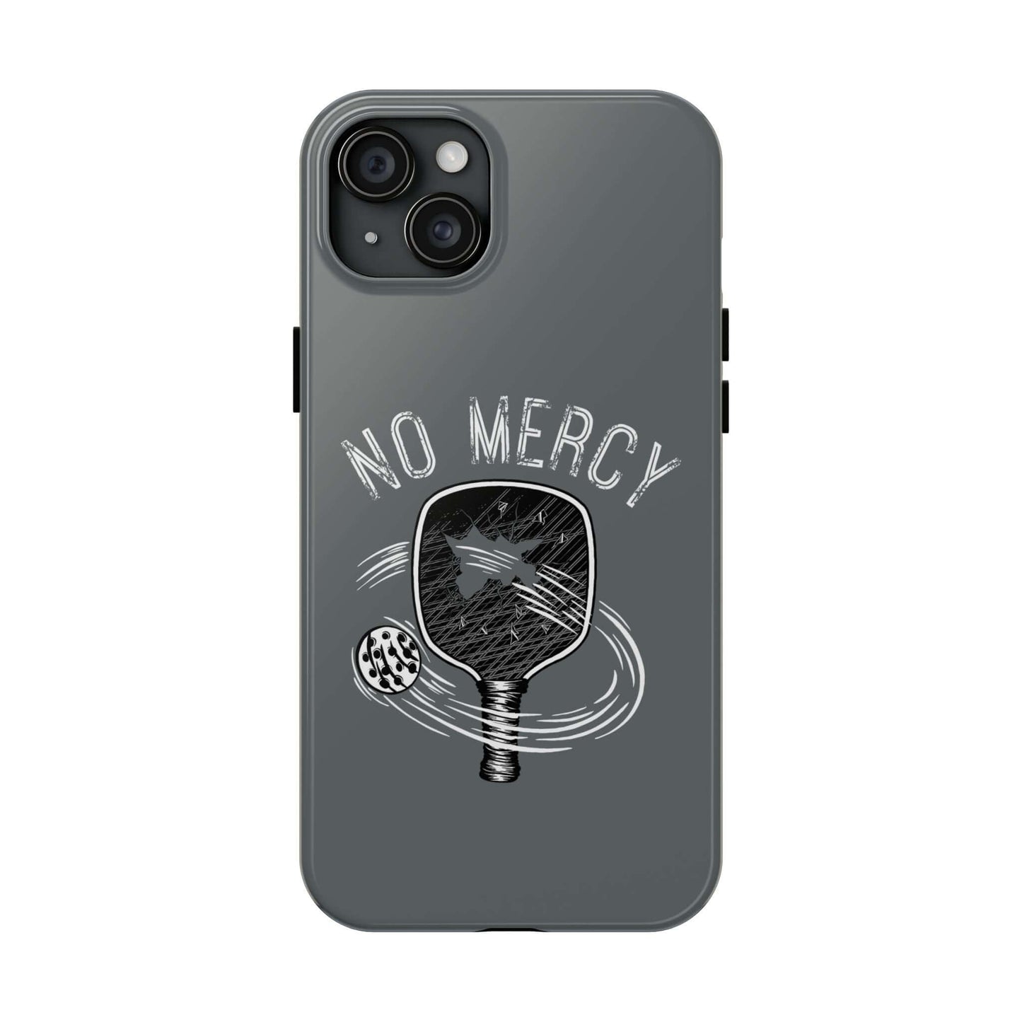 Tough dual-layer phone case for Apple iPhone featuring "No Mercy" pickleball paddle design in turquoise, by RND Power Solutions.