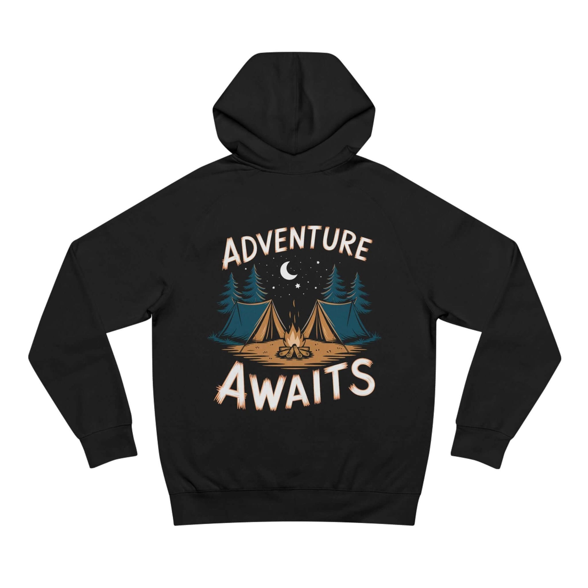 Adult Unisex Supply Hoodie with "Adventure Awaits" graphic, perfect for outdoor activities and hiking.