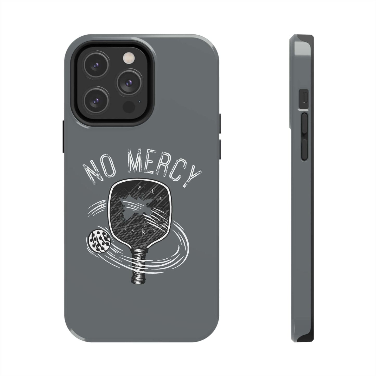 "No Mercy Pickleball Series dual-layer phone case for iPhone in turquoise, showcasing tough polycarbonate protection and glossy finish."