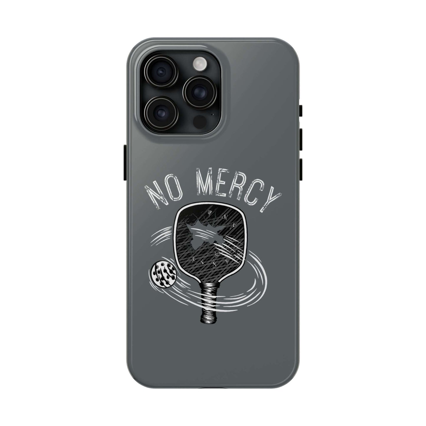 Tough turquoise glossy phone case for Apple iPhone featuring "No Mercy" pickleball design by RND Power Solutions.