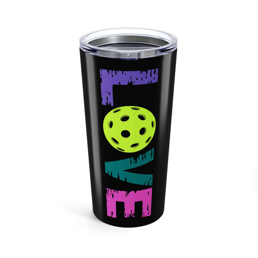 LOVE Pickleball Tumbler 20oz featuring colorful text and pickleball design, perfect for hydration on and off the court.