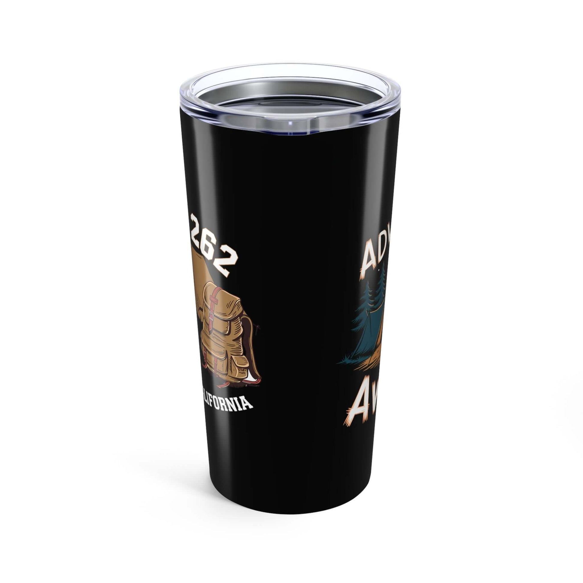 20oz stainless steel tumbler with black finish and outdoor-themed graphics, perfect for hot or cold beverages.