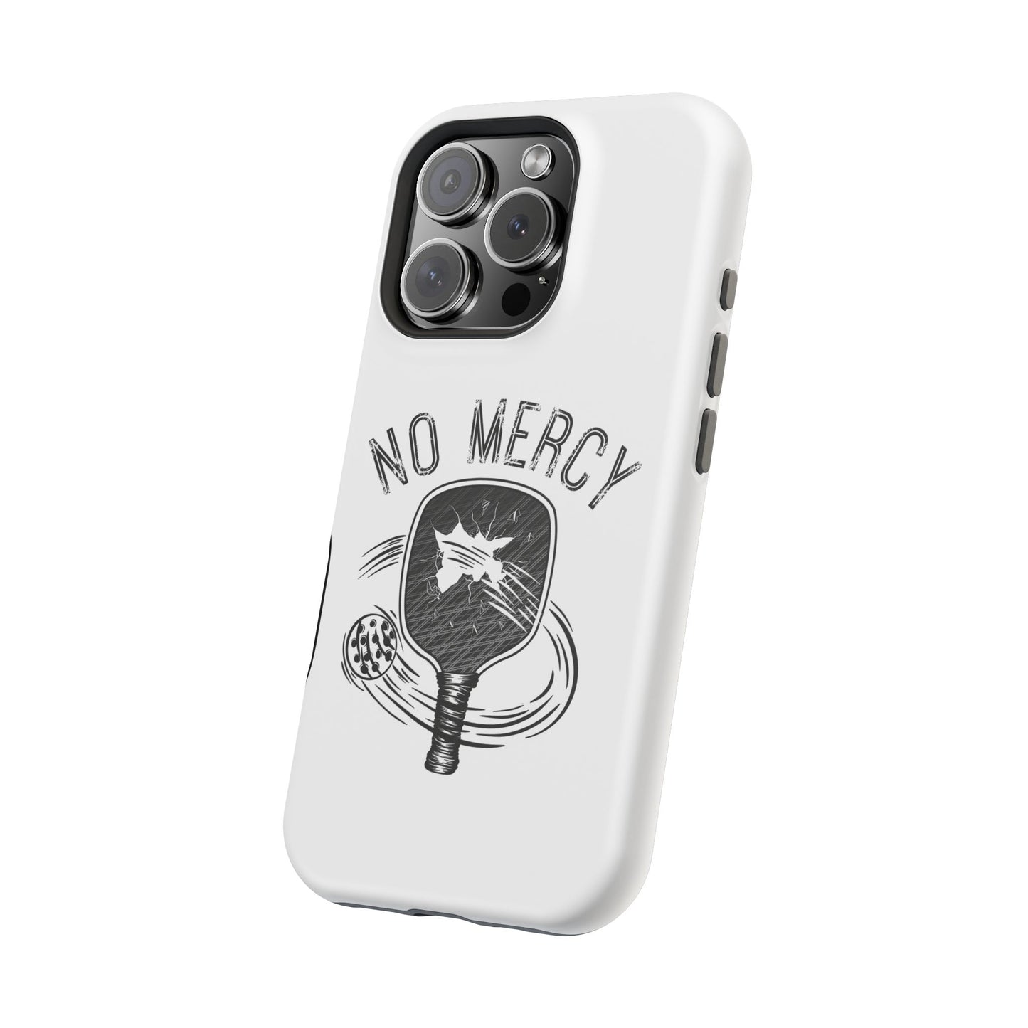 back angle of "No Mercy" Pickleball Series - MagSafe Tough Dual-Layer Phone Case for Apple iPhone 13 pro max (White)