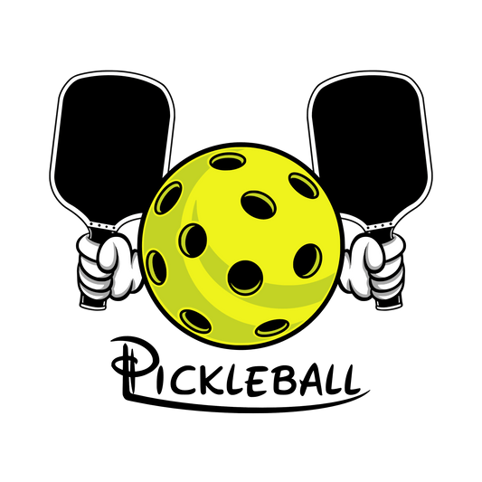 Pickleball with two paddles, vibrant yellow ball illustration.