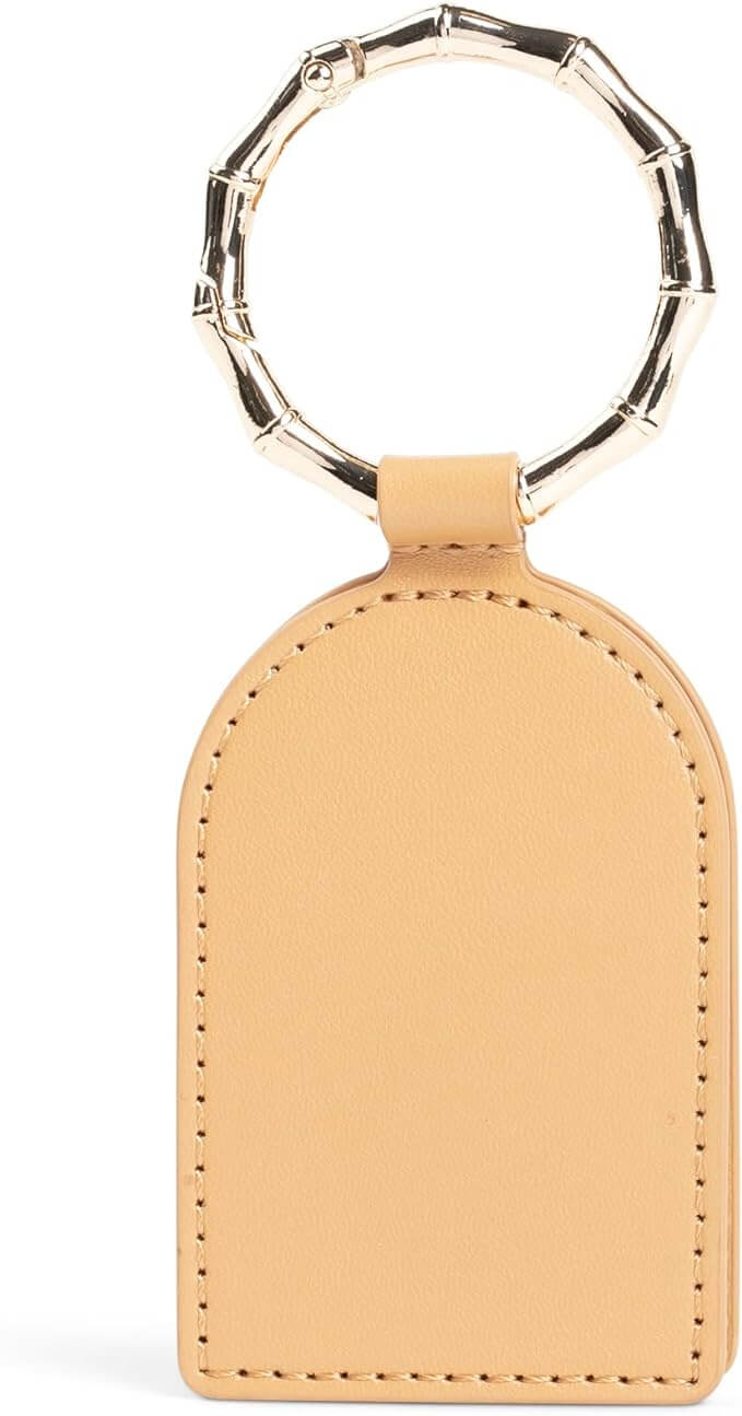 Tan leather keychain with a silver bamboo-style ring.