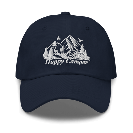 "Happy Camper Low Profile Cap with nature-inspired embroidery design ideal for outdoor enthusiasts"