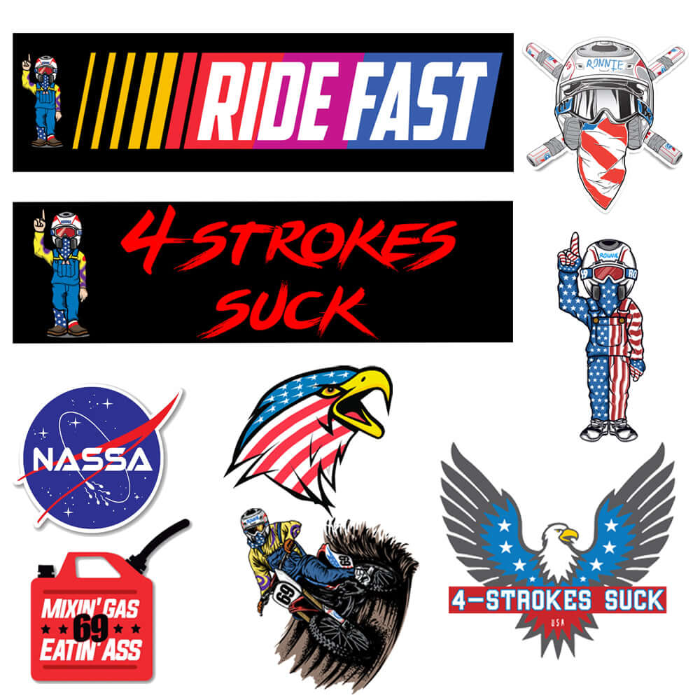 RonnieMac Full Throttle 9 Sticker Pack featuring "Ride Fast," "4-Strokes Suck," eagle design, and more bold, adrenaline-themed stickers.